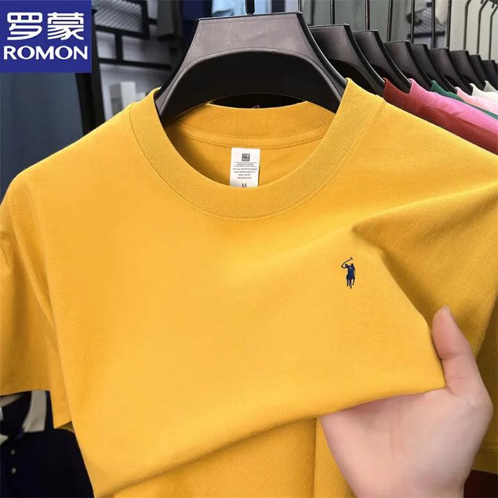 罗蒙夏季100%纯棉短袖T恤男士宽松休闲圆领T恤小马刺绣百搭半袖潮