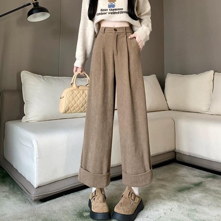加绒加厚棕咖色灯芯绒裤子女秋冬季小个子直筒垂感卷边九分阔腿裤