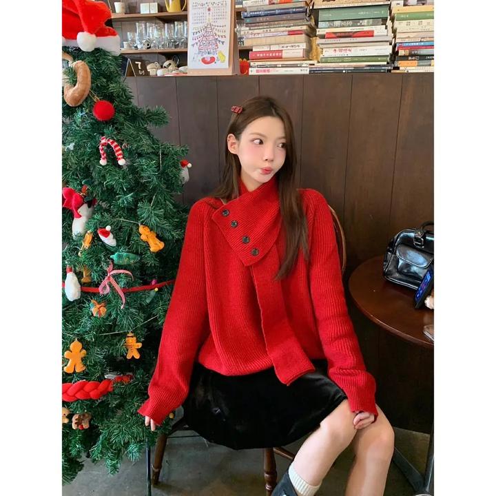 新年氛围节日穿搭套头针织衫女冬季可拆卸围巾软糯遮肉显瘦毛衣