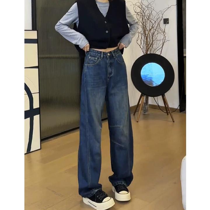 大码窄版香蕉镰刀牛仔裤女春秋款胖梨型身材宽松显瘦阔腿弯刀裤