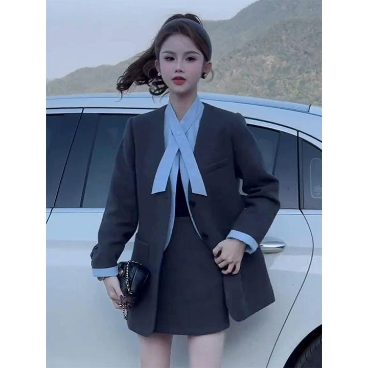 韩系搭配一整套冬装西装款假两件衬衫外套女秋冬a字半裙两件套装