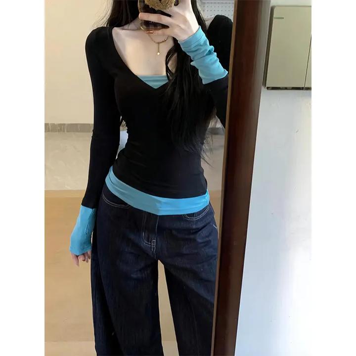 梦优莱美式辣妹撞色假两件设计感短袖t恤女春夏百搭上衣洋气体恤