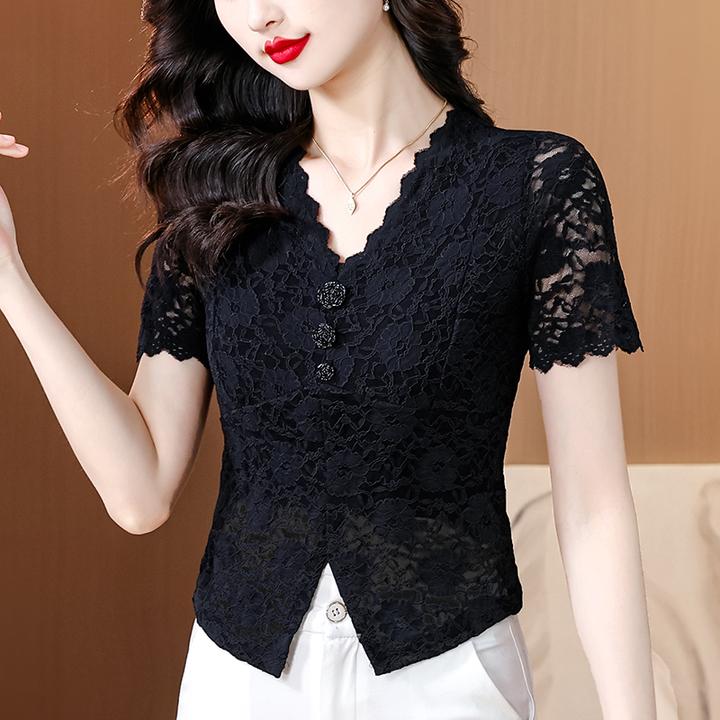 气质V领短袖蕾丝衫时尚洋气镂空上衣女夏季新款修身显瘦百搭小衫