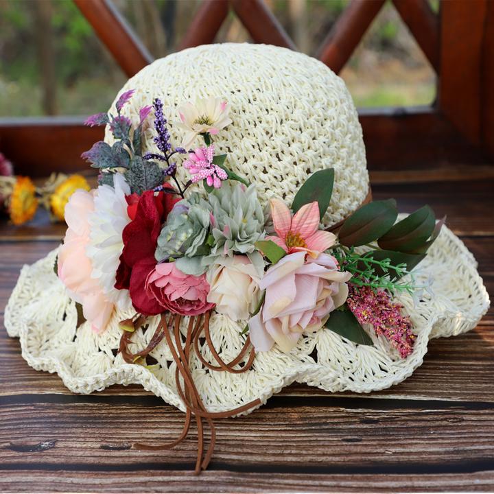 帽子女士可折叠防晒百搭夏季太阳帽海边渡假花朵帽编织甜美草帽女