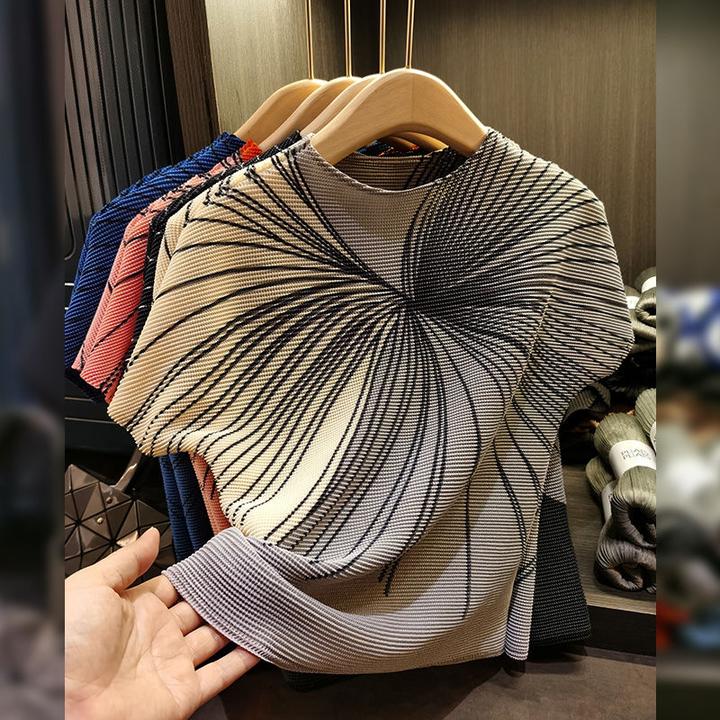 休闲褶皱上衣气质印花短袖压褶T恤百搭显瘦新款修身显瘦百搭155#