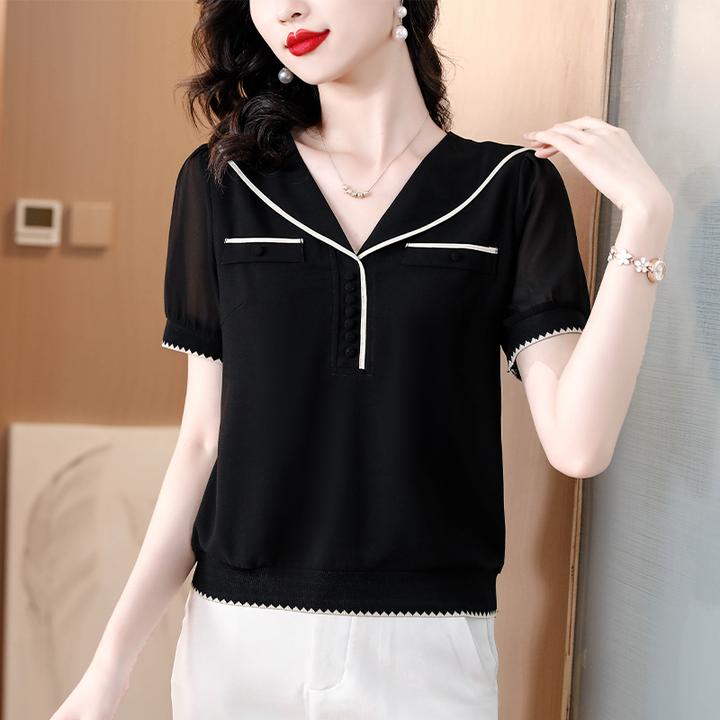 小个子高档正品短袖雪纺衫女士2025年新款百搭遮肚子减龄精致上衣