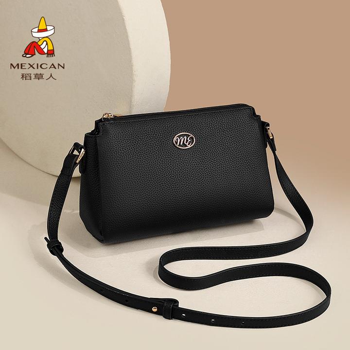 稻草人包包女士新款时尚休闲黑色中年女款单肩包妈妈包真皮斜挎包