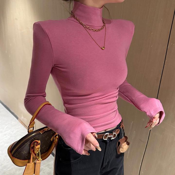 长袖显瘦秋冬半高领洋气烟灰高腰短款修身T恤网红