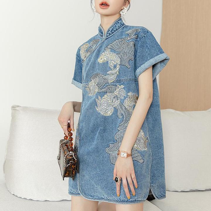宽松鲤鱼刺绣常规袖立领短袖刺绣旗袍复古提花慵懒风中国风女装