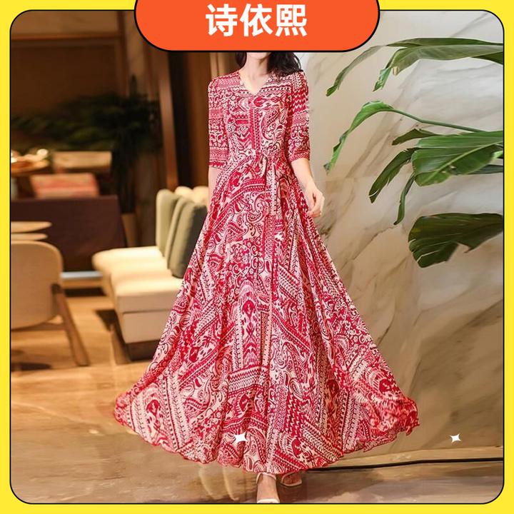 I夏季新款五分袖中腰通勤印花大摆度假连衣裙女修身显瘦长裙1