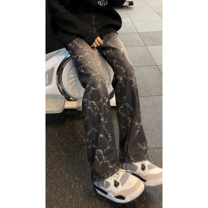 荆棘提花牛仔裤男高街美式嘻哈裤子潮流复古水洗显瘦显高直筒长裤