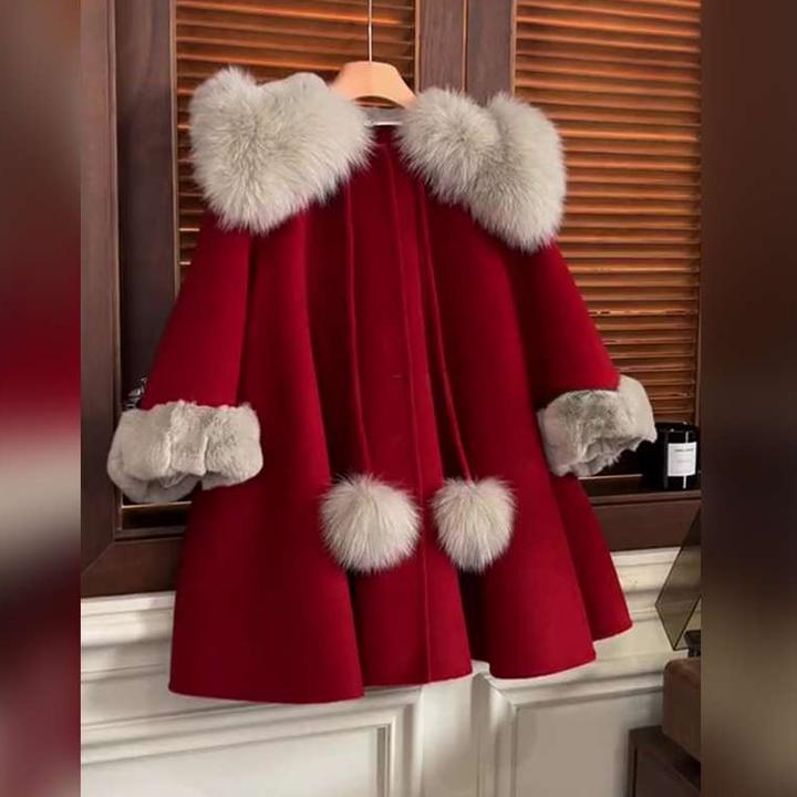 女童呢大衣外套冬装新款洋气小女孩儿童新年装服饰加绒红色拜年服