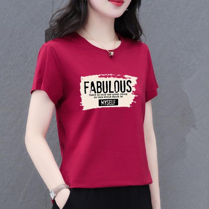100%纯棉时尚大码复古短袖t恤女百搭夏季新款潮流宽松印花上衣