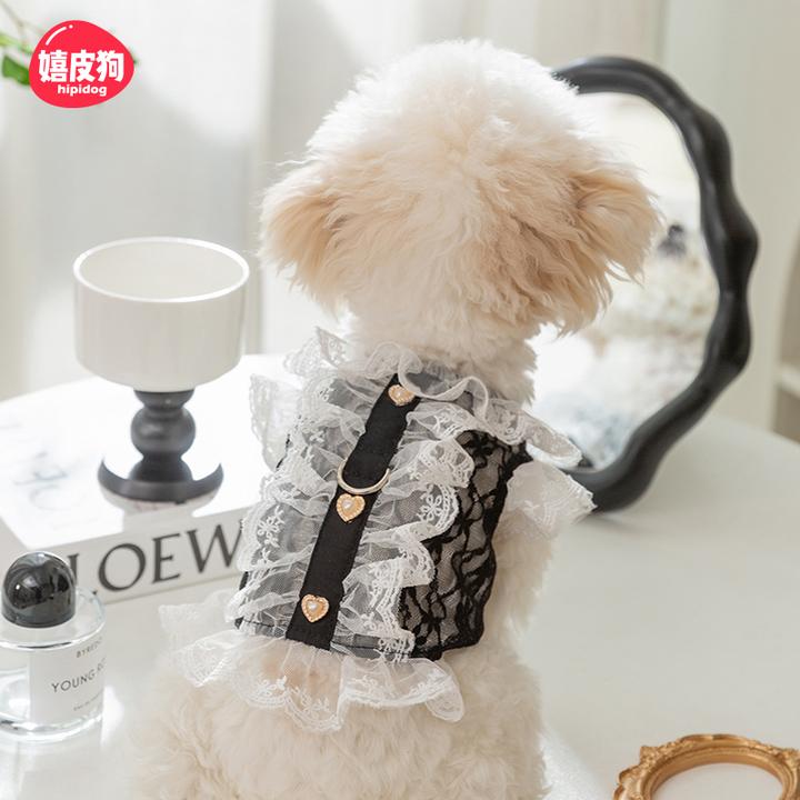 [达人]宠物春夏季狗狗黑白蕾丝花边牵引背心猫咪泰迪宠物衣服0033