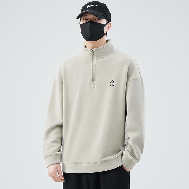 双面加绒加厚奥粒绒卫衣男秋冬季2024新款半拉链男士德绒打底衫潮