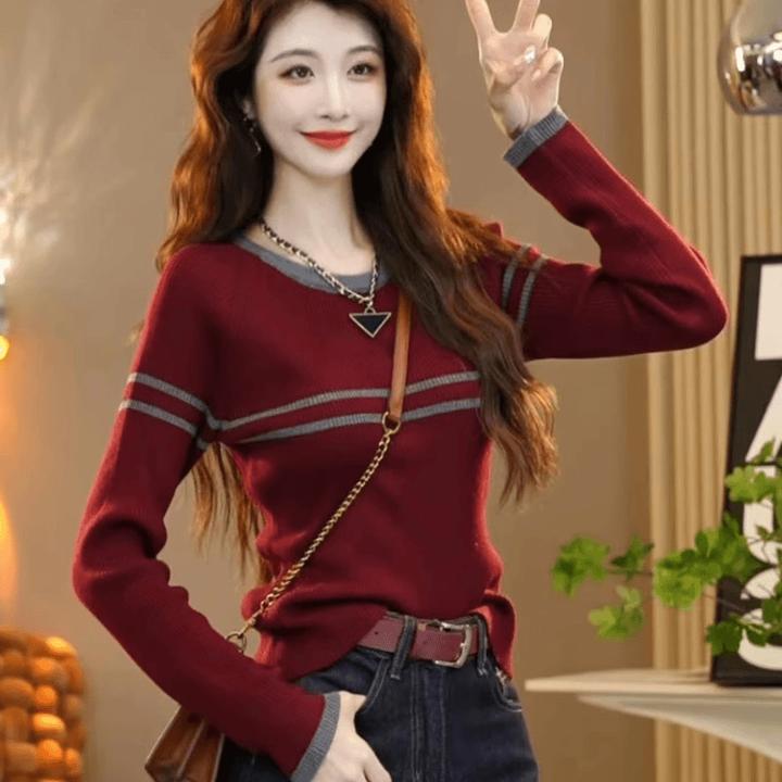 撞色条纹圆领早秋长袖爆款针织衫2025秋季新款百搭打底上衣女