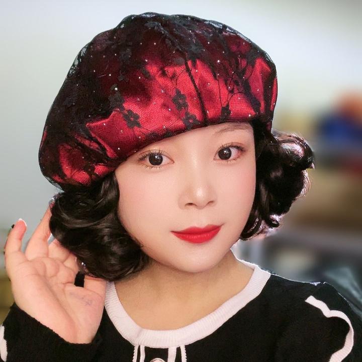 画家八角帽子假发一体秋冬季修脸贝雷帽短卷发女全头套减龄假发套