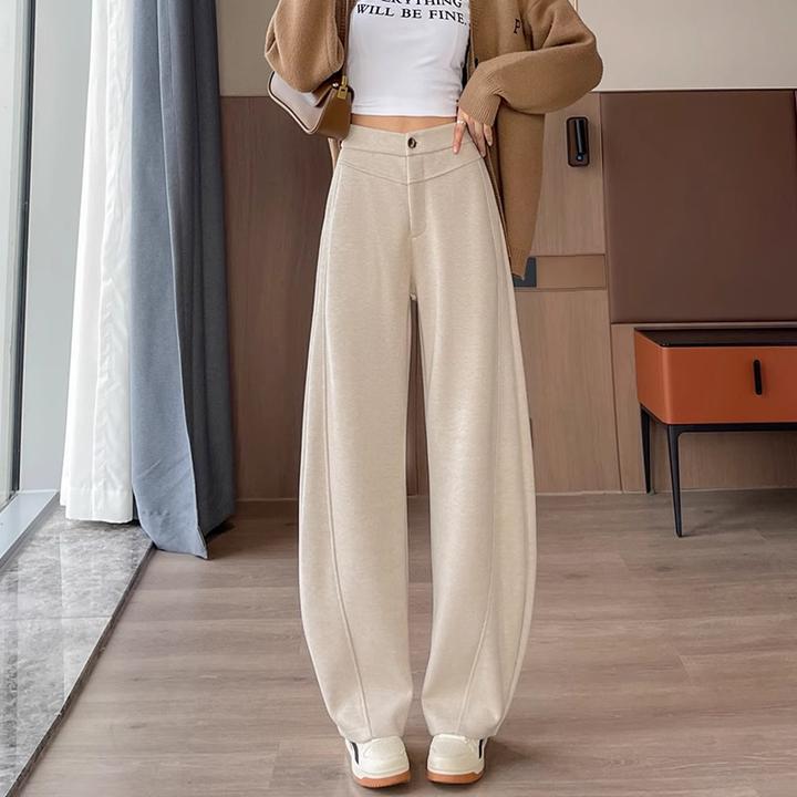 杏色毛呢香蕉阔腿裤女2024秋冬新款高腰垂感宽松直筒休闲弯刀裤子