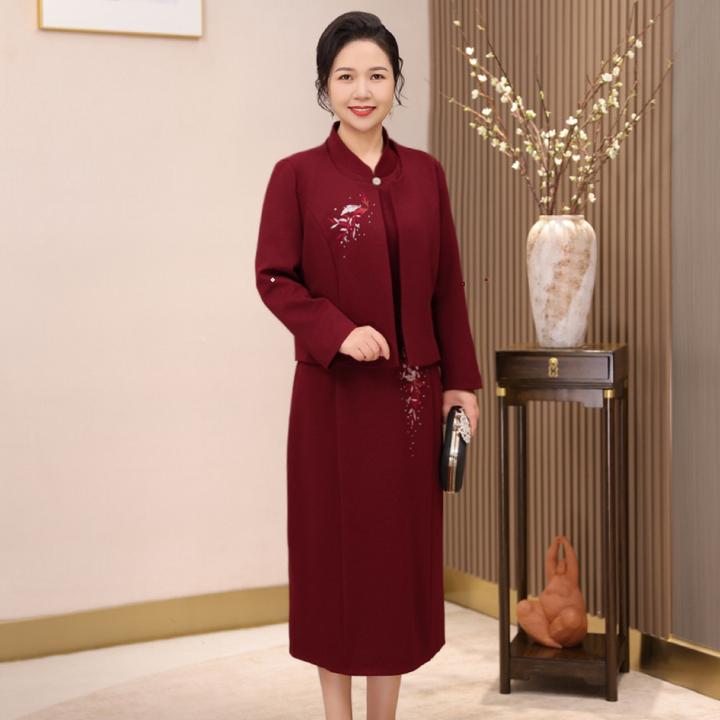 简约时尚大气绣花高贵喜妈妈婚宴套装连衣裙开衫喜婆婆订婚喜服裙