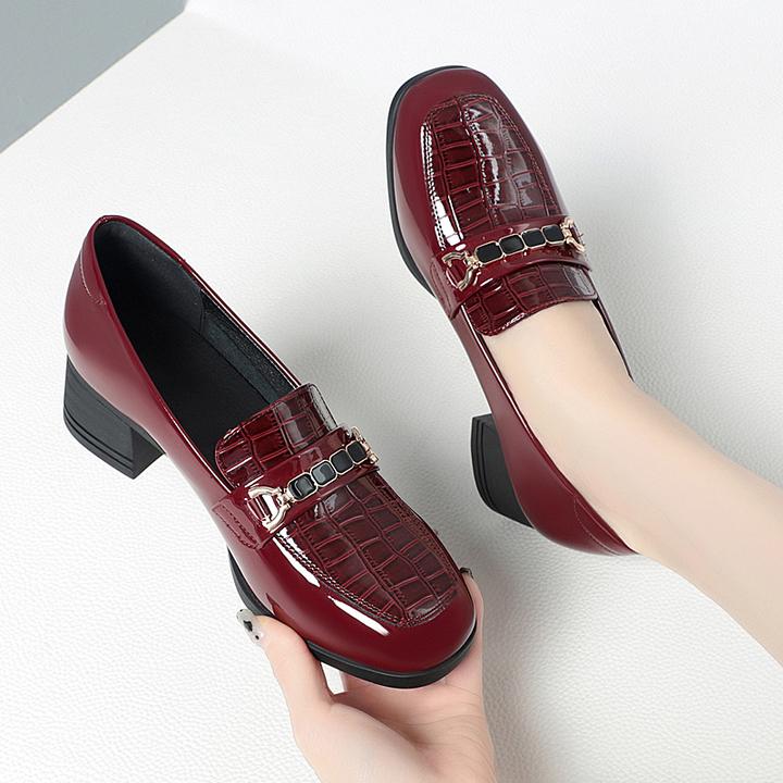 漆皮乐福鞋女春秋新款单鞋女软皮软底粗跟女士皮鞋时尚百搭小皮鞋