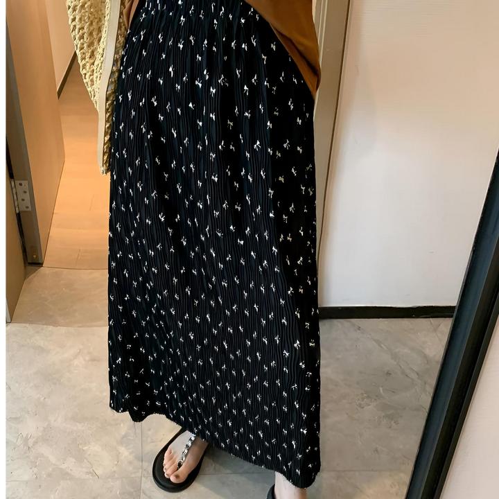 爱心蝴蝶结高腰碎花印花褶皱裙韩系复古垂感后开叉直筒大码半身裙