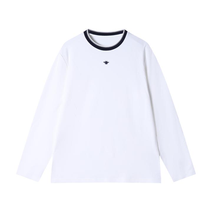 秋冬季新款时尚个性日系撞色刺绣圆领套头长袖T恤情侣百搭简约