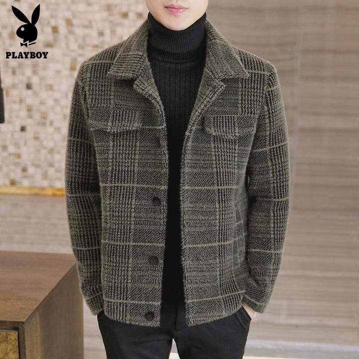 花花公子男士短款加棉加厚毛呢大衣冬季格子仿水貂绒呢子夹克外套