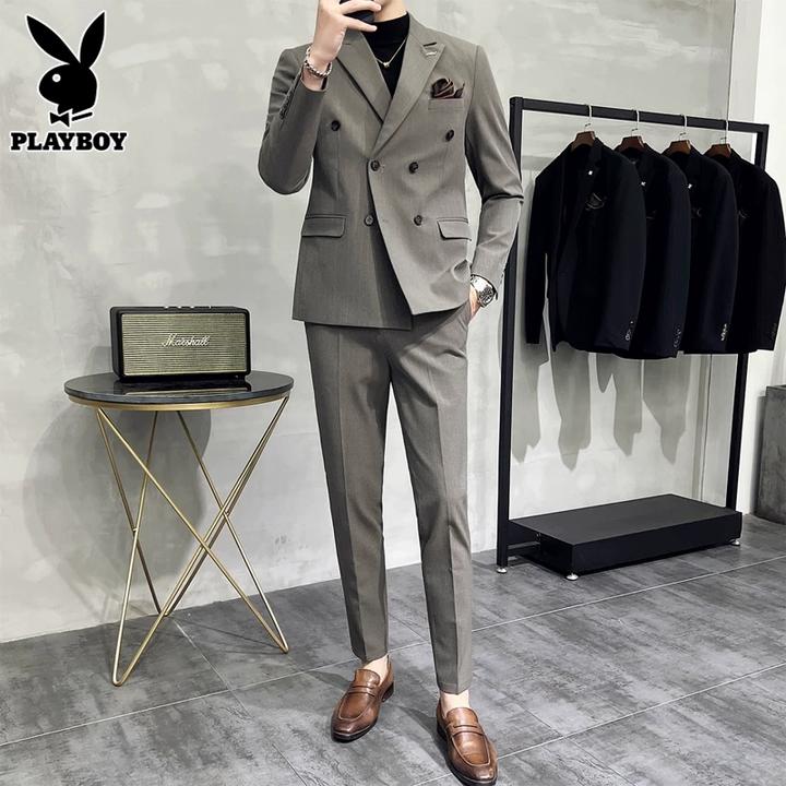花花公子双排扣西服套装男士秋冬季潮牌高级商务西装结婚礼服一套