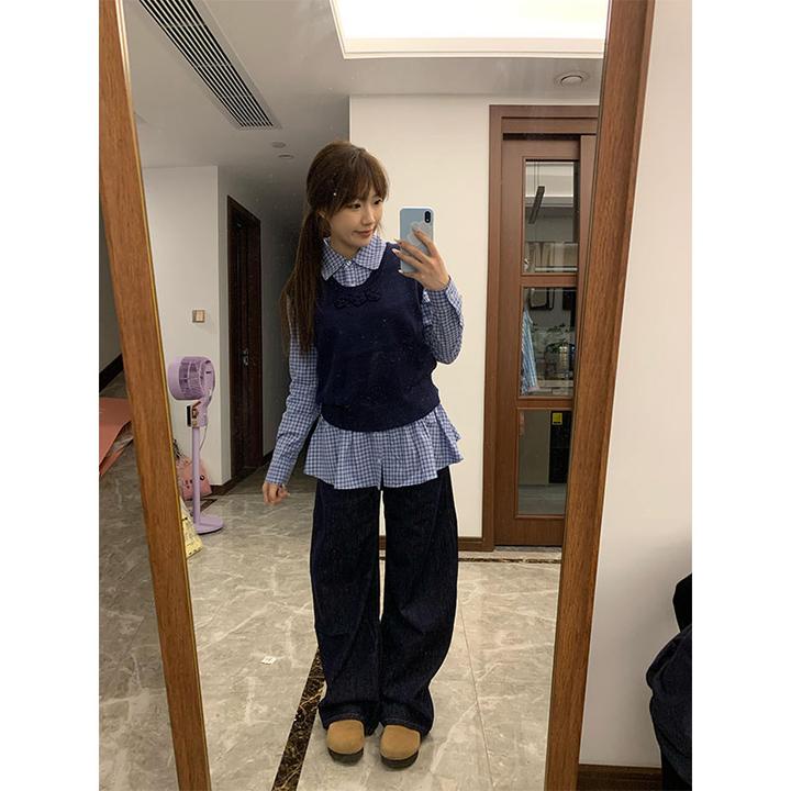 2024秋季新款盐系轻熟无袖背心马甲格子衬衫上衣高腰直筒牛仔裤