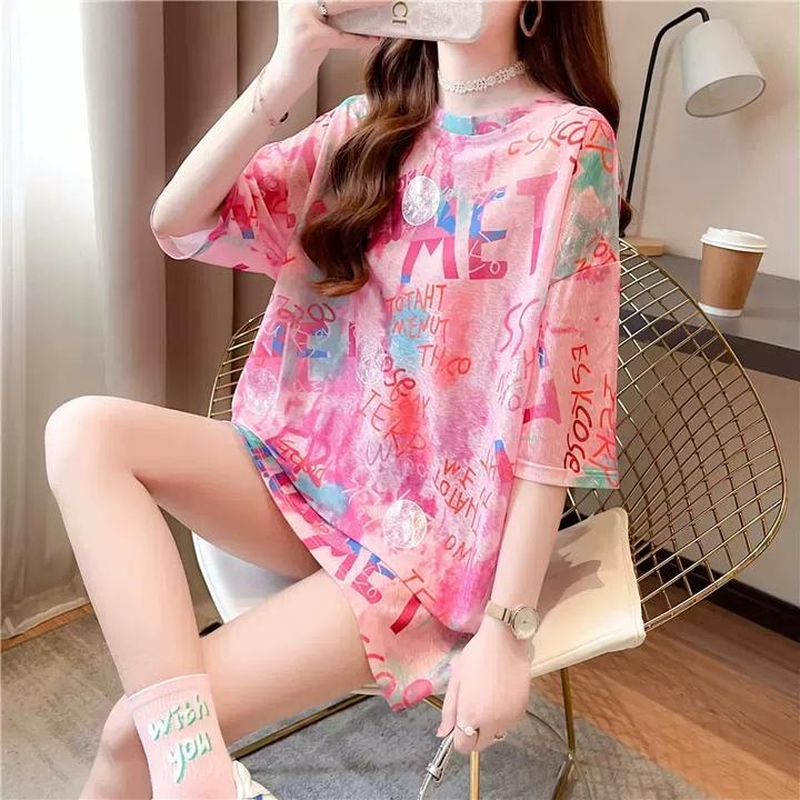 设计感小众薄款冰丝短袖t恤女夏季宽松大码女装胖mm扎染半袖上衣