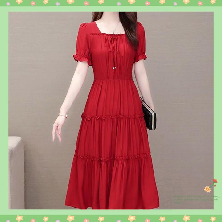 红色连衣裙女2024夏季新款时尚气质中长款收腰方领短袖纯色蛋糕裙
