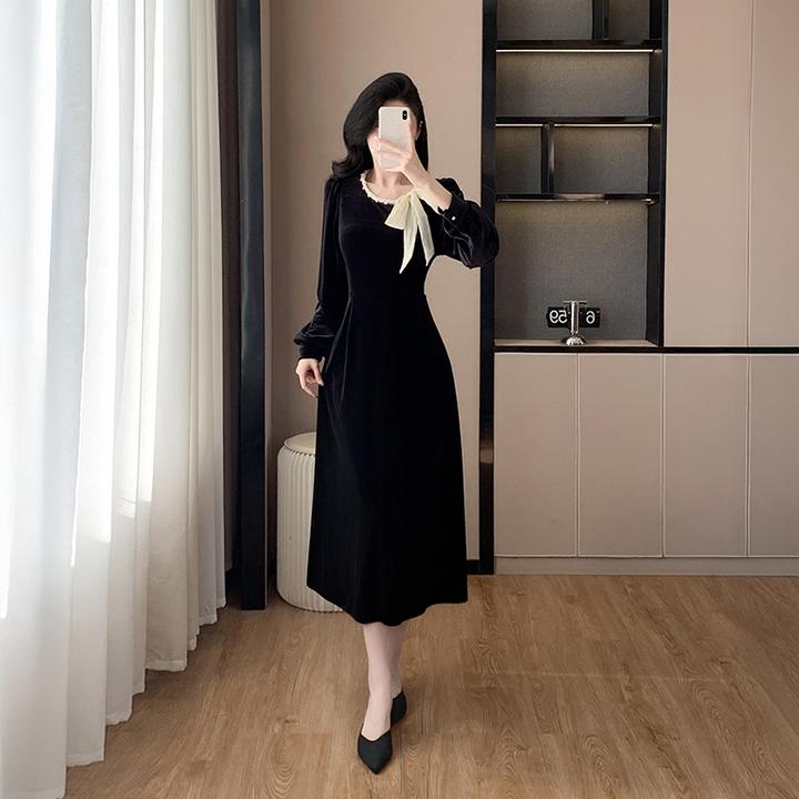 冬季新款时尚法式圆领系带蝴蝶结丝绒高腰显瘦设计感长袖连衣裙
