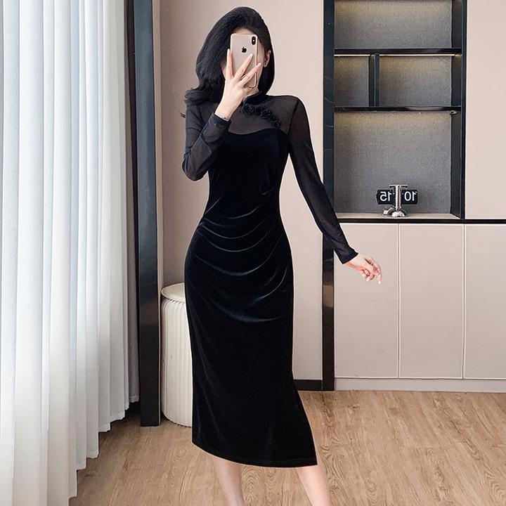 长袖黑色丝绒晚礼服女秋冬高级设计感网纱拼接开叉改良旗袍连衣裙