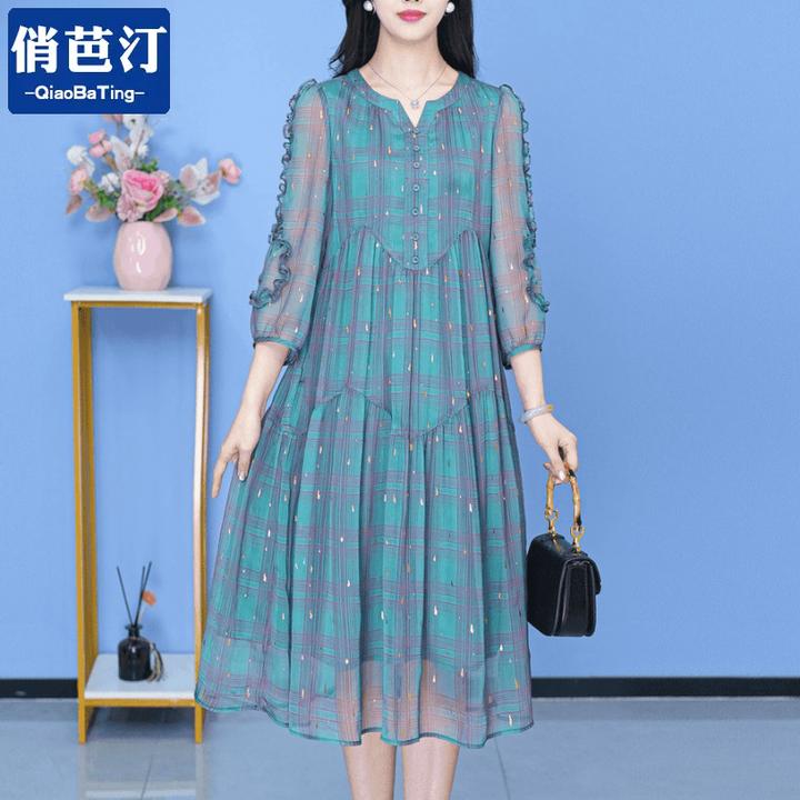 2025春秋季新款连衣裙中长款气质中式时尚收腰印花修身女装连衣裙