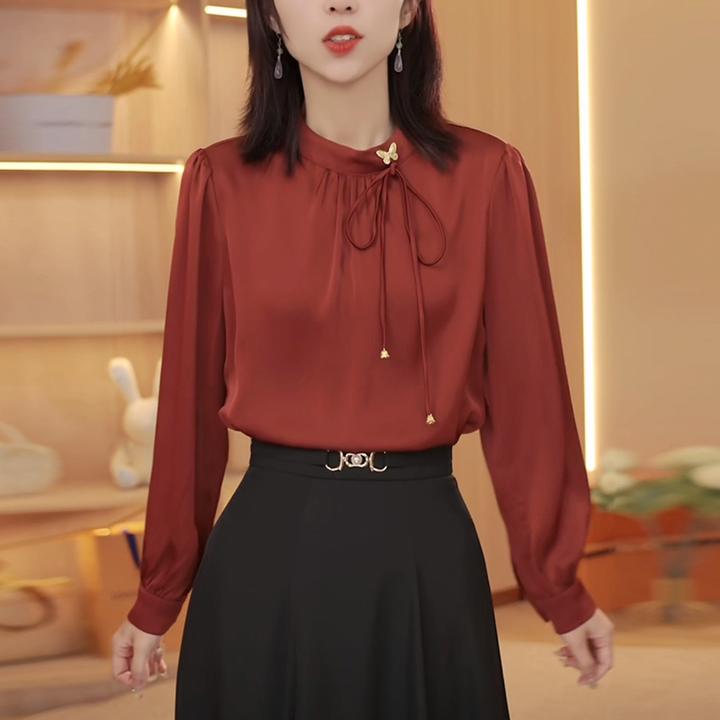 红色衬衫女士2025早秋季新款高级感长袖气质休闲显瘦醋酸缎面上衣