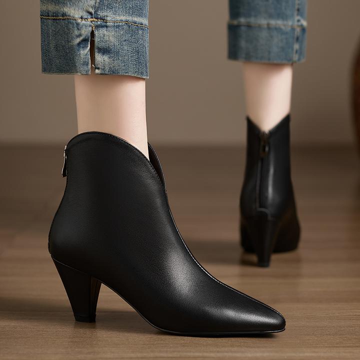 小个子手工女鞋7cm~时尚百搭新款短靴女黑色真皮粗跟不累脚妈妈鞋