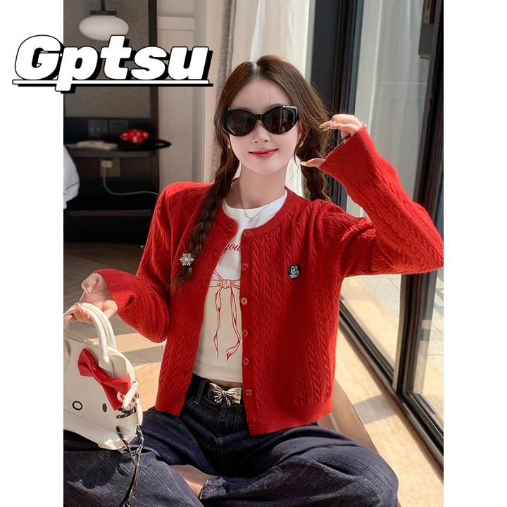 GPTSu韩系红色针织开衫外套女春秋短款爱心刺绣内搭毛衣长袖上衣