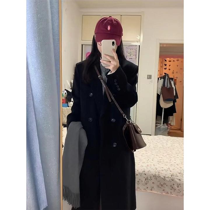 黑色西装毛呢大衣女款2025年冬季新款赫本风加厚显瘦正肩毛呢外套