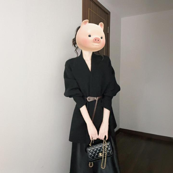 2024秋季新款法式气质翻领收腰针织毛衣外套高腰缎面鱼尾半身裙女