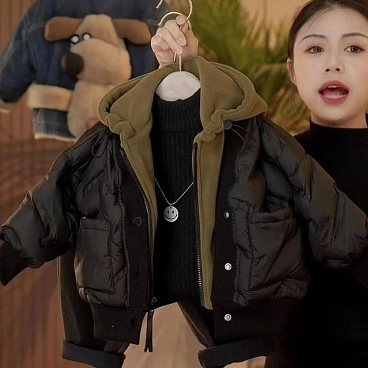 儿童棉服2024男童冬季新款外套连帽假两件加厚棉衣男宝新品新式服