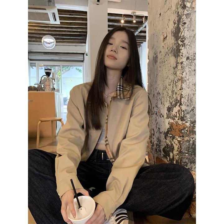 复古卡其色拼接格子短外套女春秋季新款设计感修身百搭夹克上衣潮