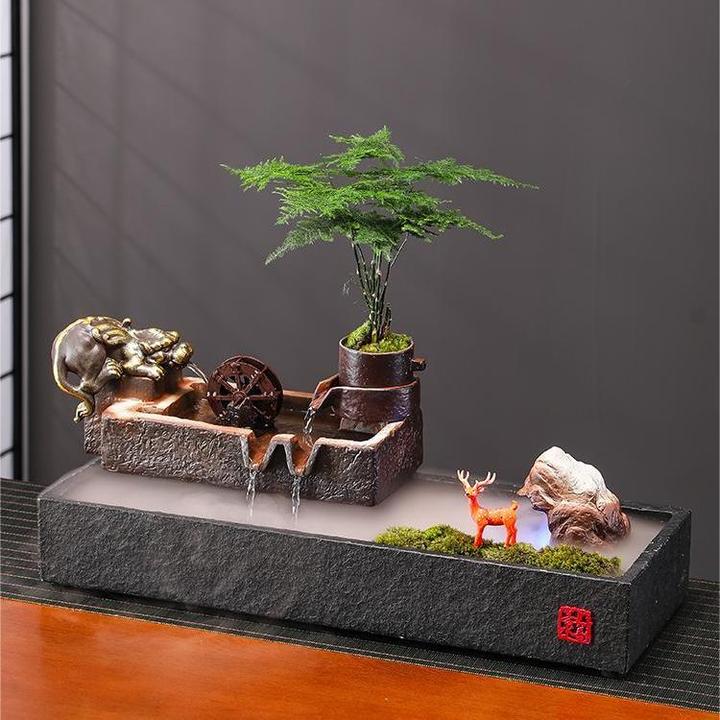 中式貔貅金蝉流水造景陶瓷鱼缸客厅茶空间桌面装饰品店铺开业礼品