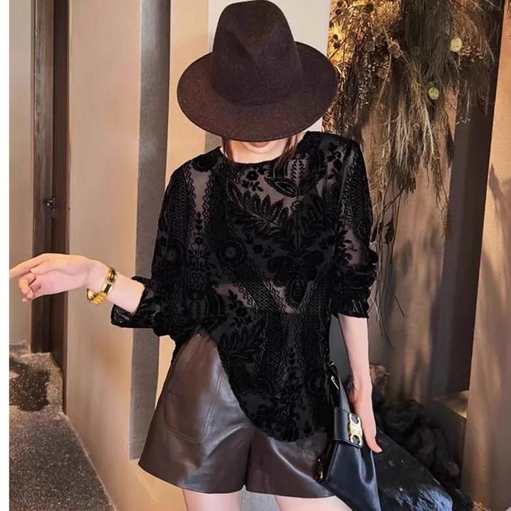 长袖/七分袖薄款植绒新款圆领欧货春夏款打底衫女高级感丝绒上衣