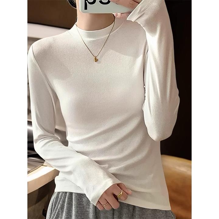 德丽妮白色半高领打底衫女春秋2025新款韩系磨毛加厚内搭长袖上衣