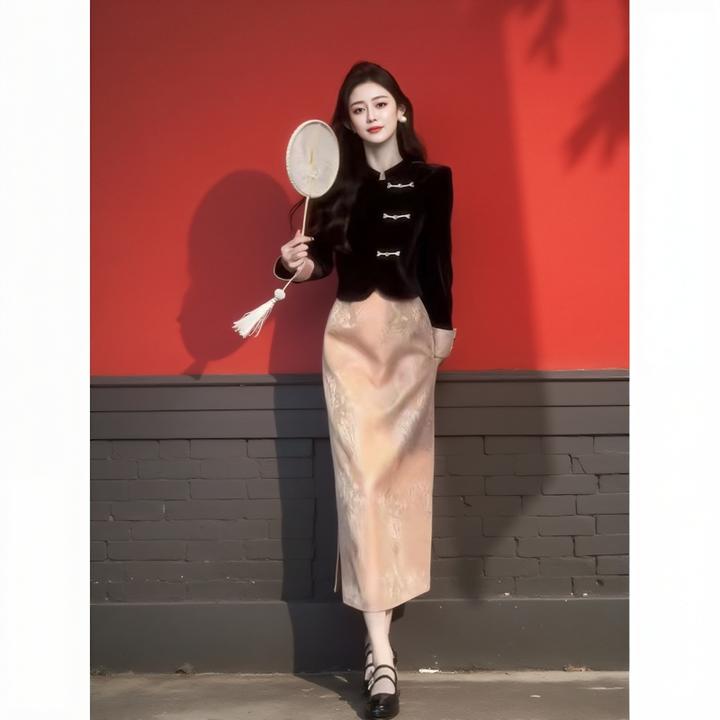 300斤大码女装胖mm斜襟盘扣短外套+提花半身裙新中式套装深秋新款