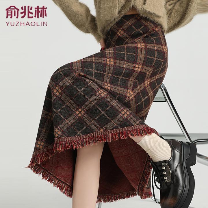 针织流苏格子高腰显瘦A字裙2024秋冬新款中长裙