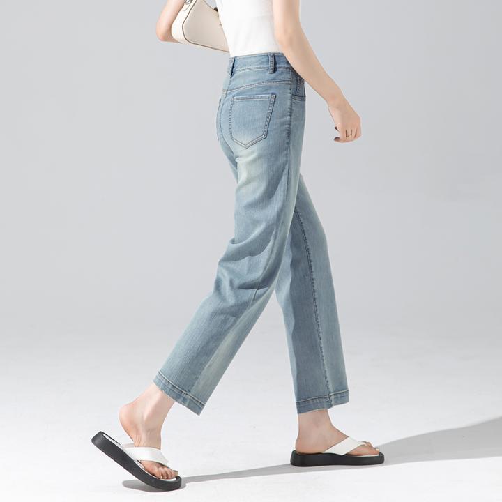 九分烟管裤女夏季薄款天丝怀旧复古水洗牛仔裤显瘦冰丝垂感直筒裤