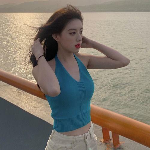 针织挂脖吊带夏季背心女内搭修身无袖上衣外穿性感露背裹胸辣妹装