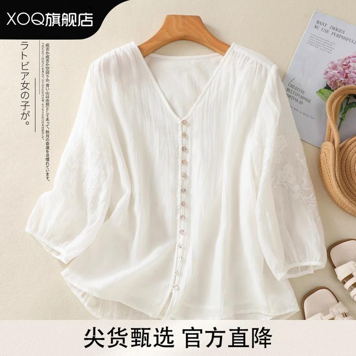 XOQ官方高端刺绣V领衬衫女夏季白色宽松时尚静奢气质薄款开衫上衣