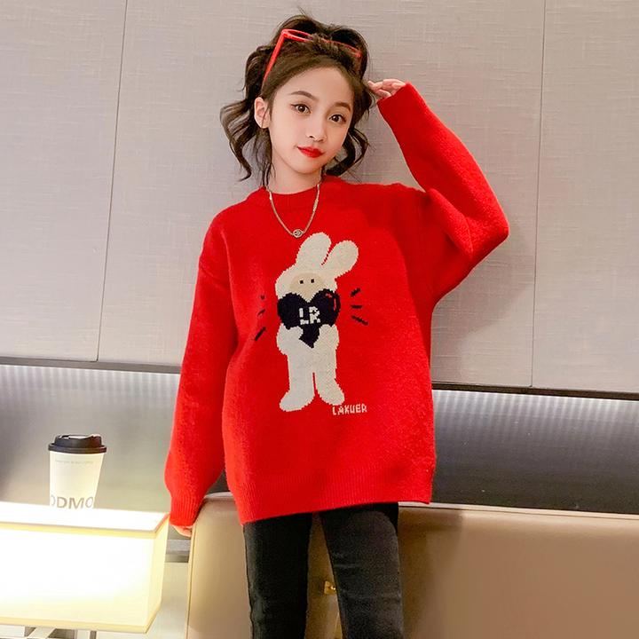 女童加绒加厚毛衣秋冬季时尚洋气卡通2024新款中大儿童装女孩年服
